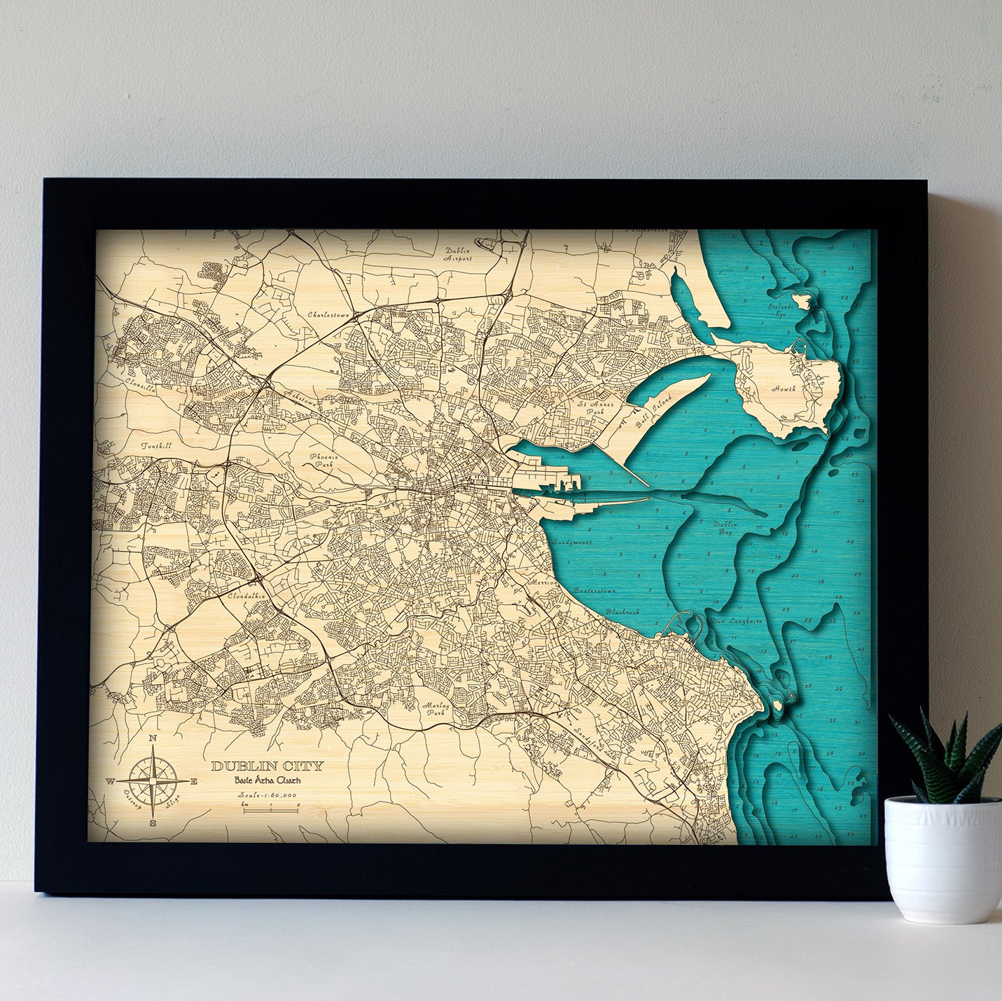 Handcrafted 3D wooden map of Dublin City showing the full M50 and Dublin Bay coastline from Howth to Shankill, by Outcrop, made in Ireland.