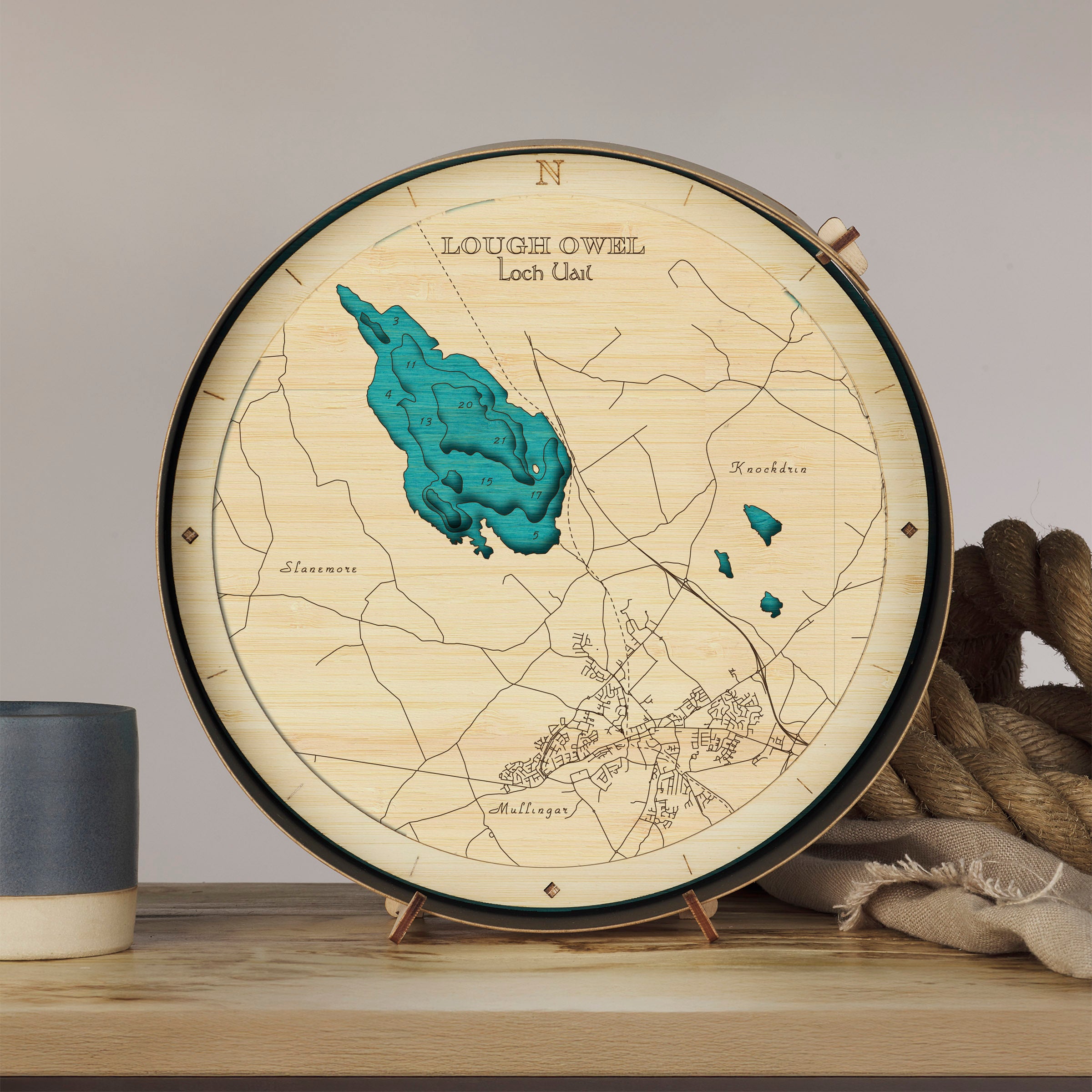 Lough Owel Round 3D Wooden Map – Handcrafted Irish Lake Wall Art