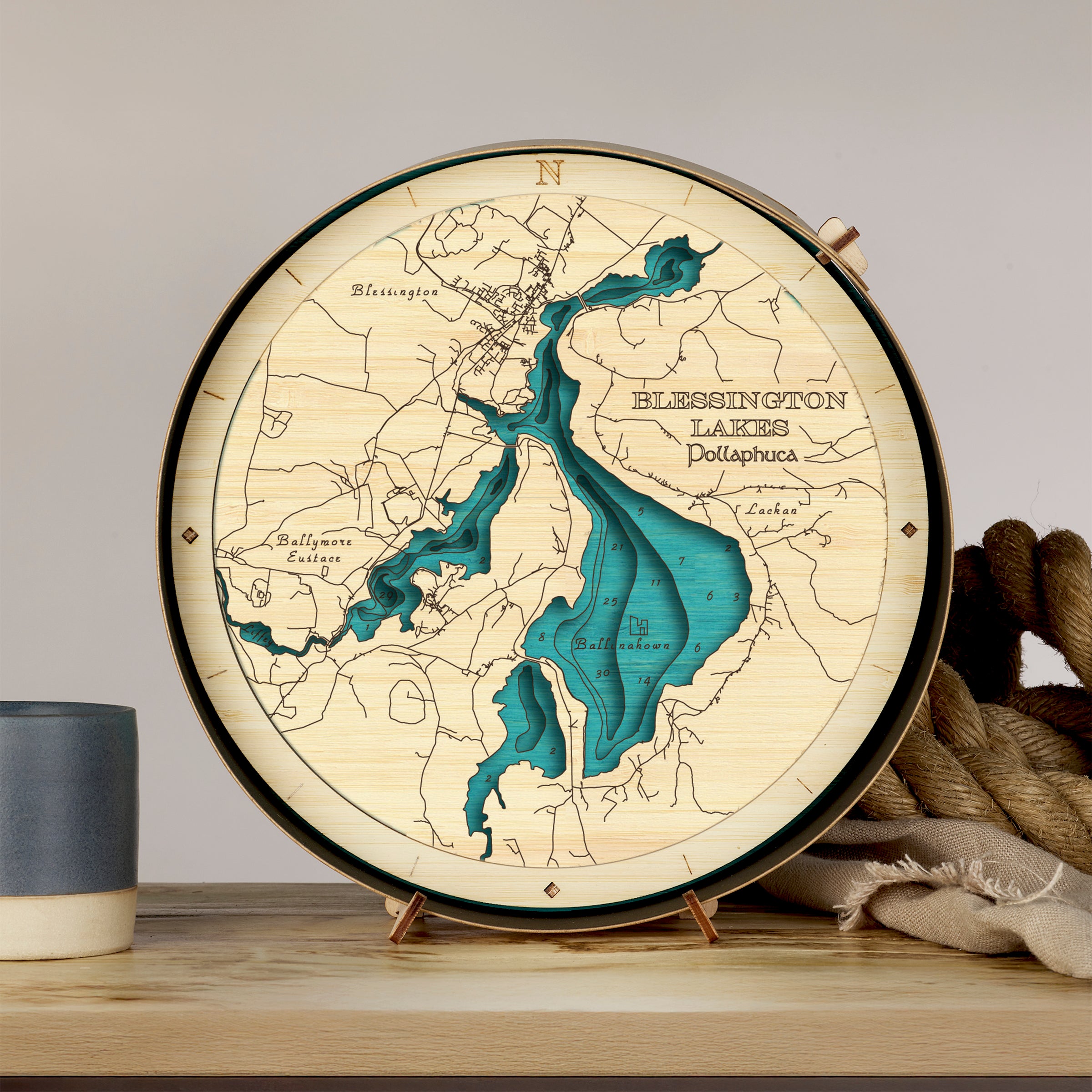 Wooden 3d layered map of Blessington Lakes Pollaphuca on a stand