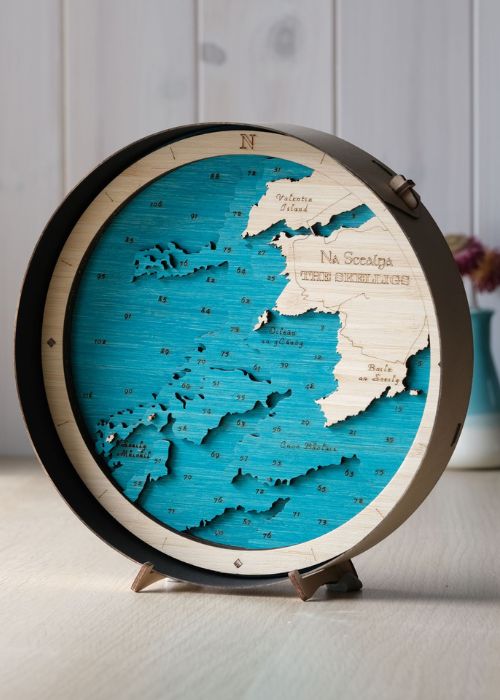 Round wooden hand crafted map of The Skelligs including Ballinskellig and Na Skealga islands