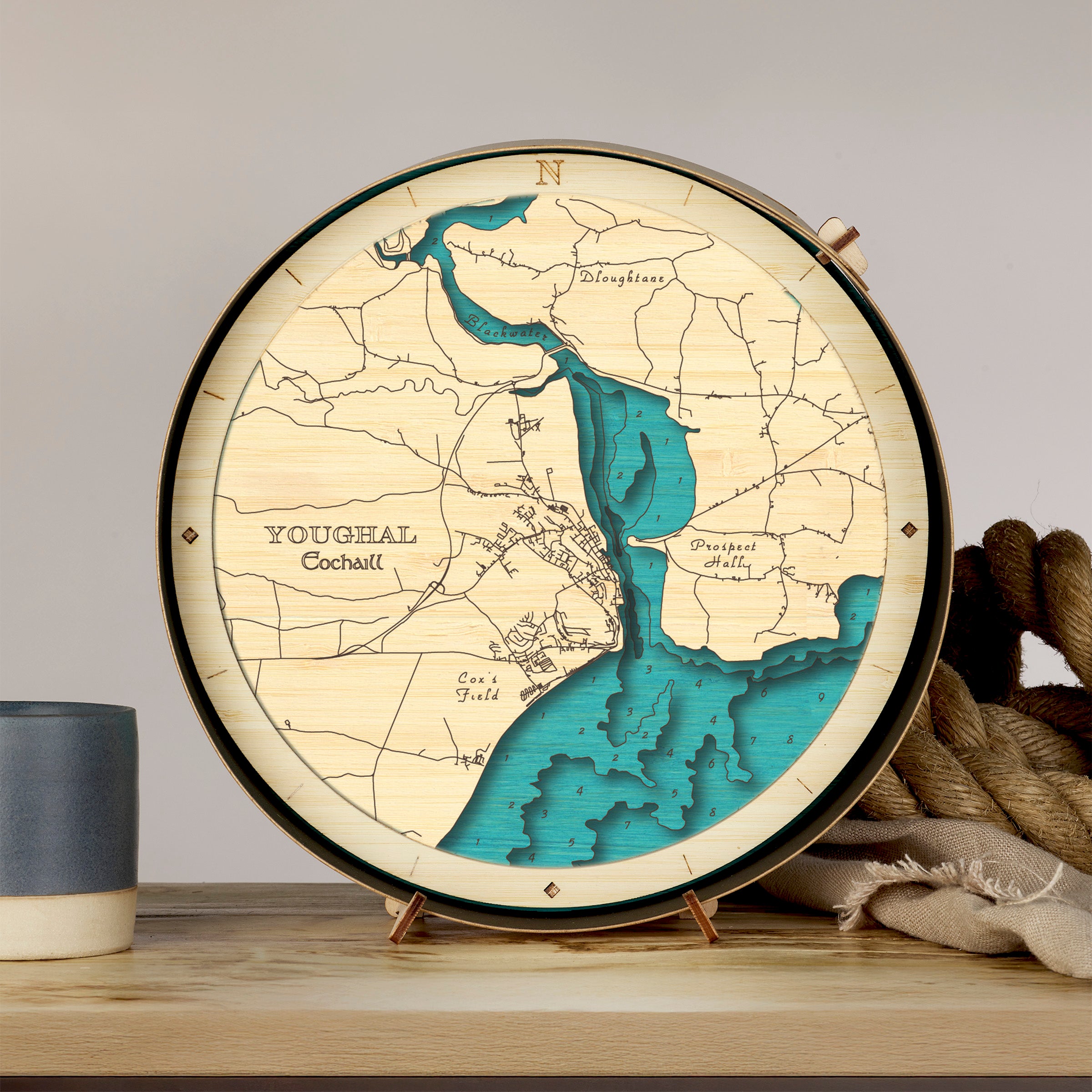 Youghal round wooden 3d map - handcrafted Irish Coastal Town Art