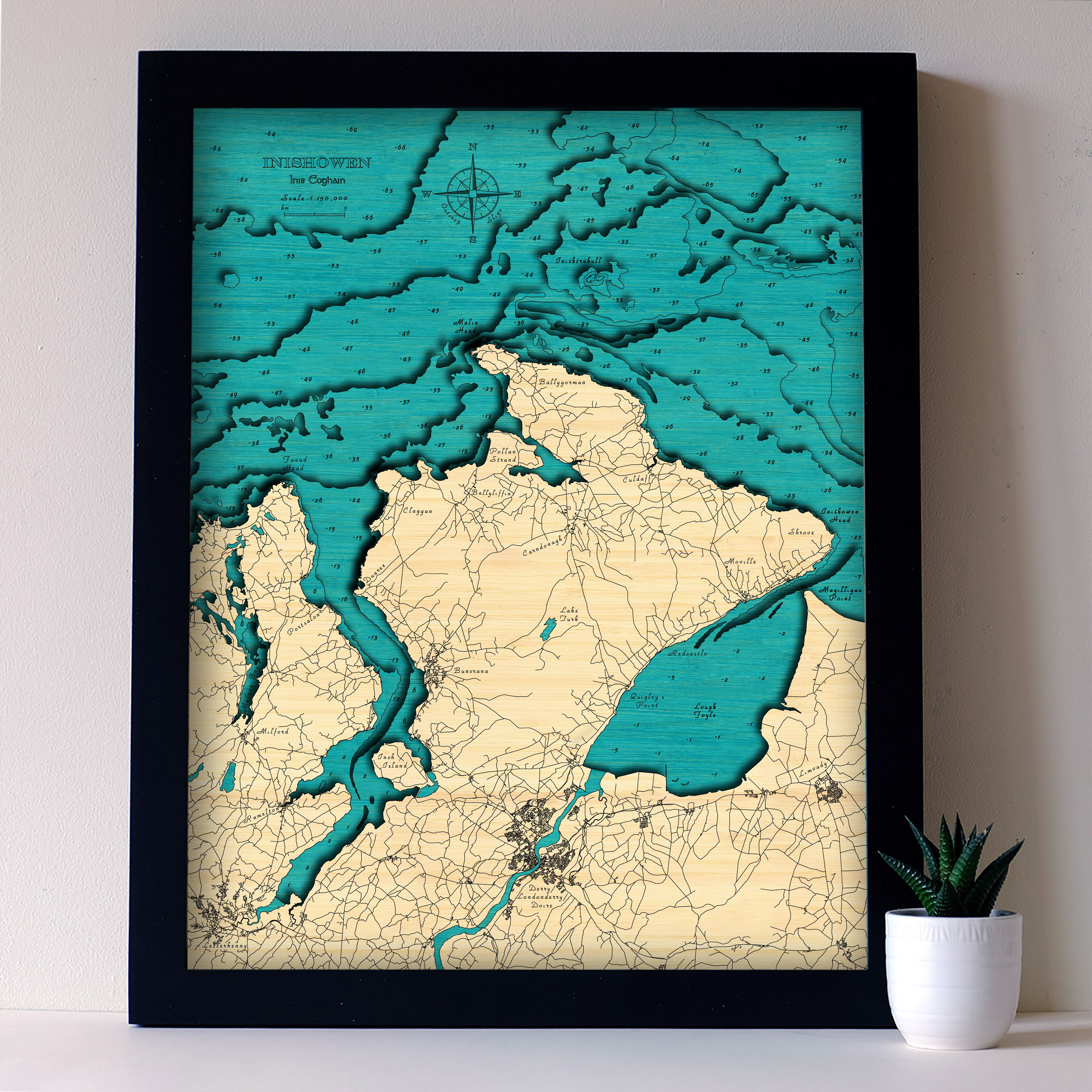 Framed topographic map with teal water and beige land on a white wall.