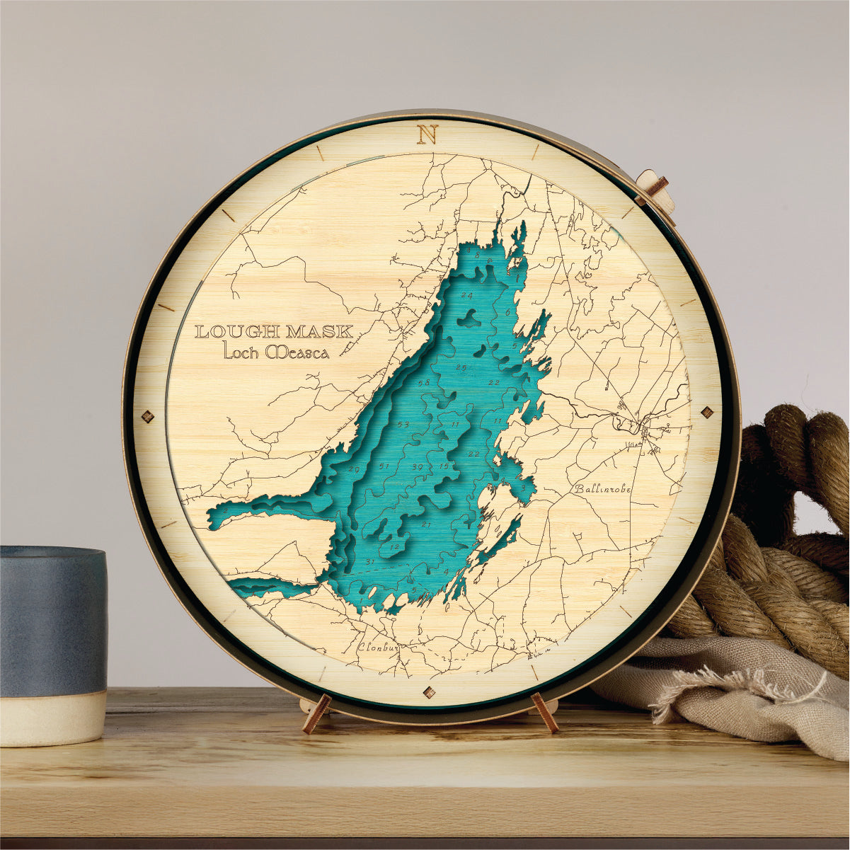 Lough Mask Round 3D Wooden Map – Handcrafted Irish Lake Wall Art